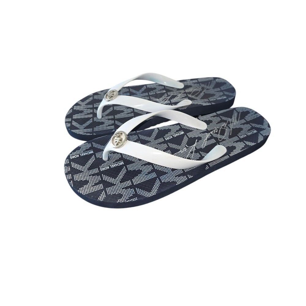 Michael Kors Navy White Monogram Logo Flip Flop Sandals Womens Size 8